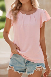 Solid Color Flounce Sleeve Pleated Round Neck Blouse