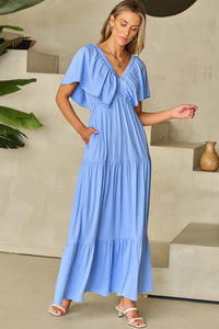 Kelsey Textured Flutter Sleeve Ruffled Maxi Dress