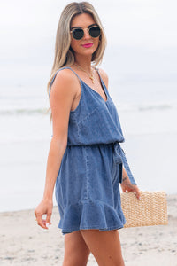 Aspyn Spaghetti Straps Ruffled Leg Chambray Romper