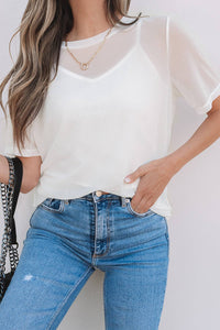 LDC Solid Color Sheer Mesh Patchwork Short Sleeve Top: White / L