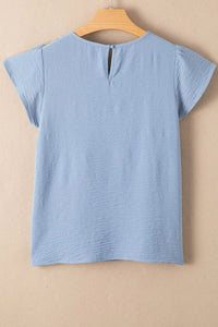 Solid Color Flounce Sleeve Pleated Round Neck Blouse