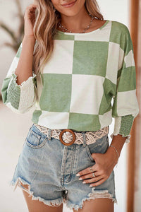 Checkered Smocked 3/4 Sleeve Blouse: Grass Green
