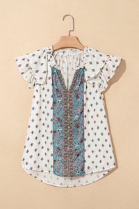 Aria Boho Pattern Ruffled Sleeve V Neck Buttoned Blouse