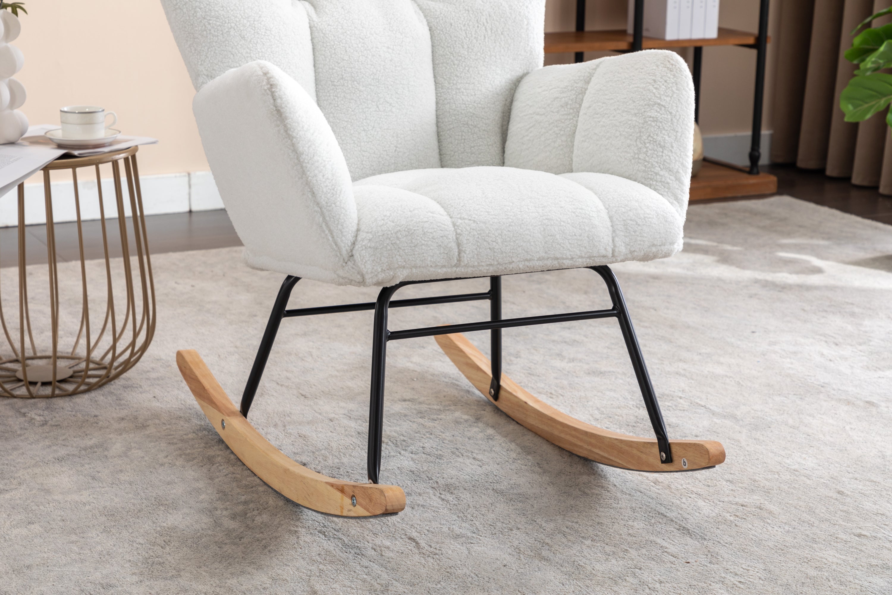 050-Teddy Fabric Rocking Gilder Nursery Chair For Living Room Indoor,Ivory