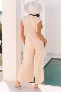 Textured Buttoned Wide Leg Sleeveless Jumpsuit