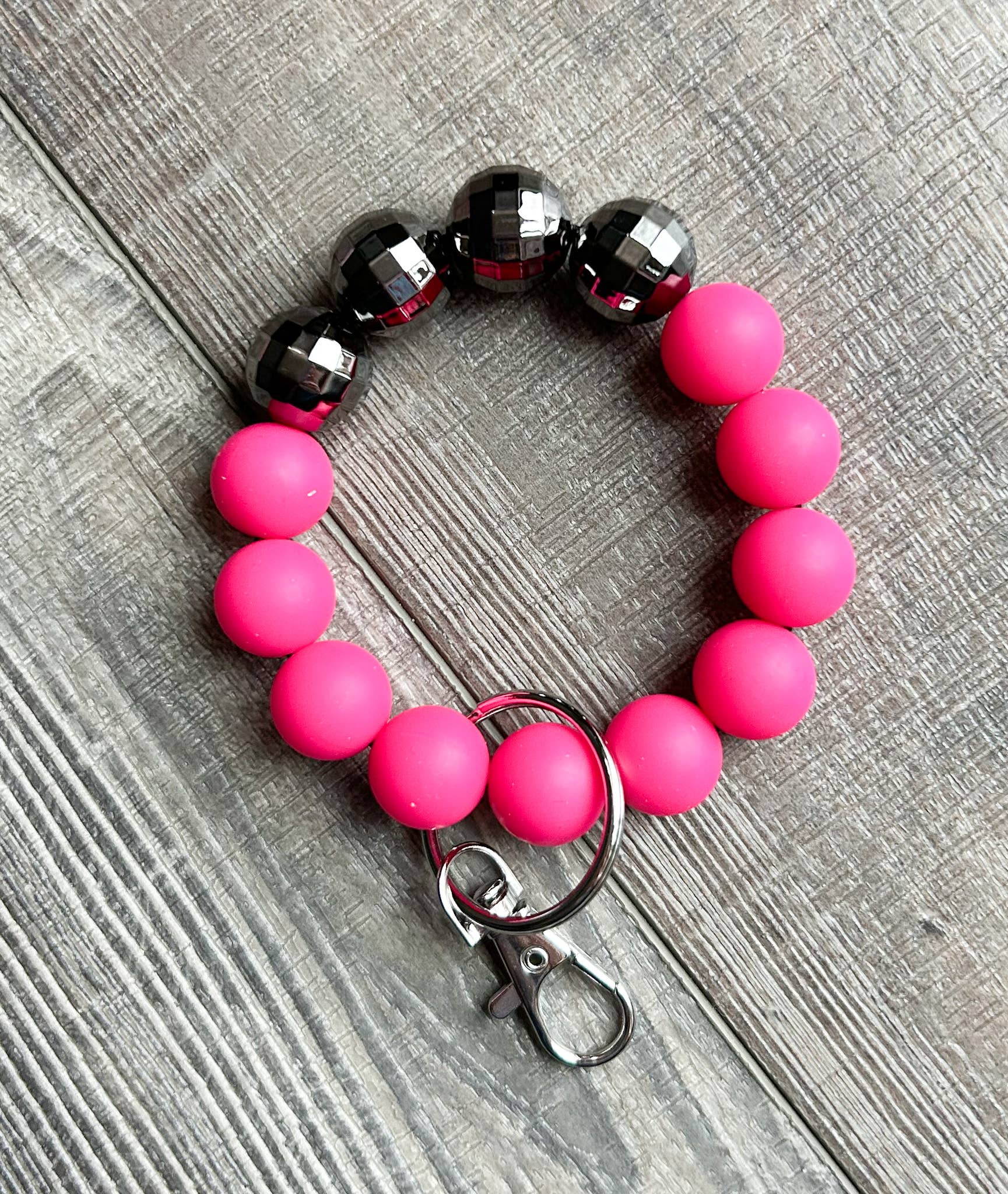Bright Pink and Silver Disco Ball Wristlet Keychain