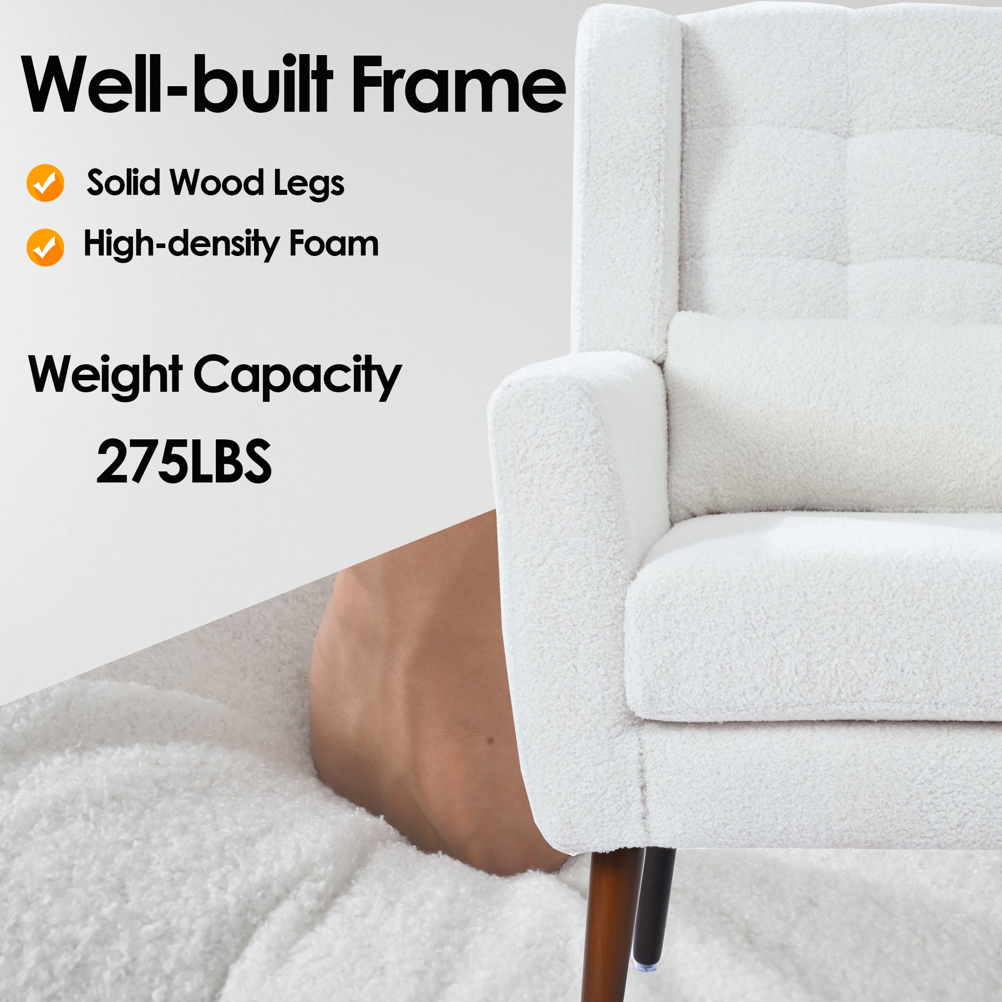 Modern Accent Chair,Teddy Fabric Living Room Chairs Comfy Reading Chair,Mid Century Accent Chair, Lounge Arm Chairs Armchair for Living Room Bedroom (White)
