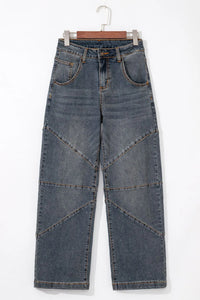 Exposed Stitching Loose Straight High Waist Jeans