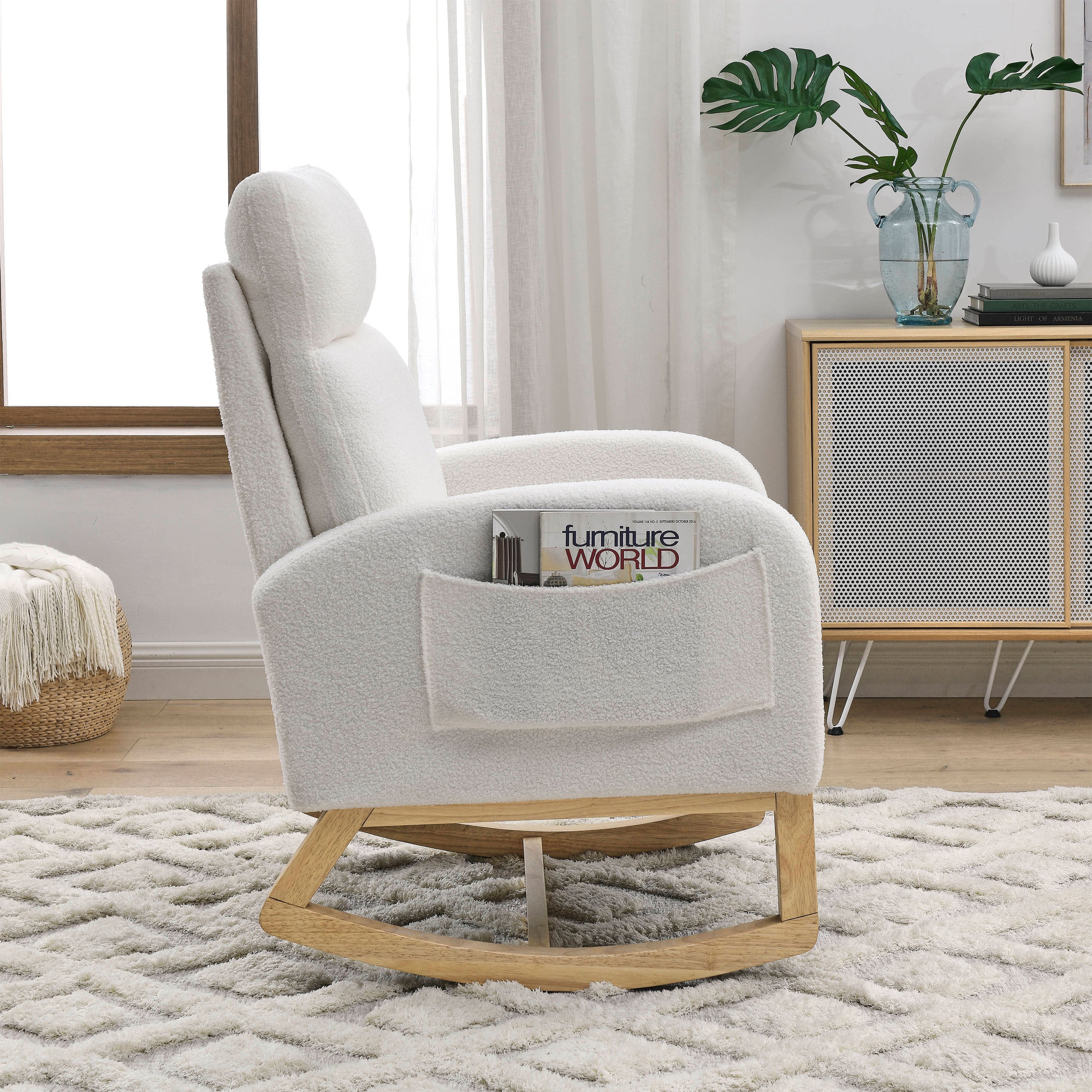 [Video] Welike 27.6'W Modern Accent High Backrest Living Room Lounge Arm Rocking Chair, Two Side Pocket ,Teddy White (Ivory)