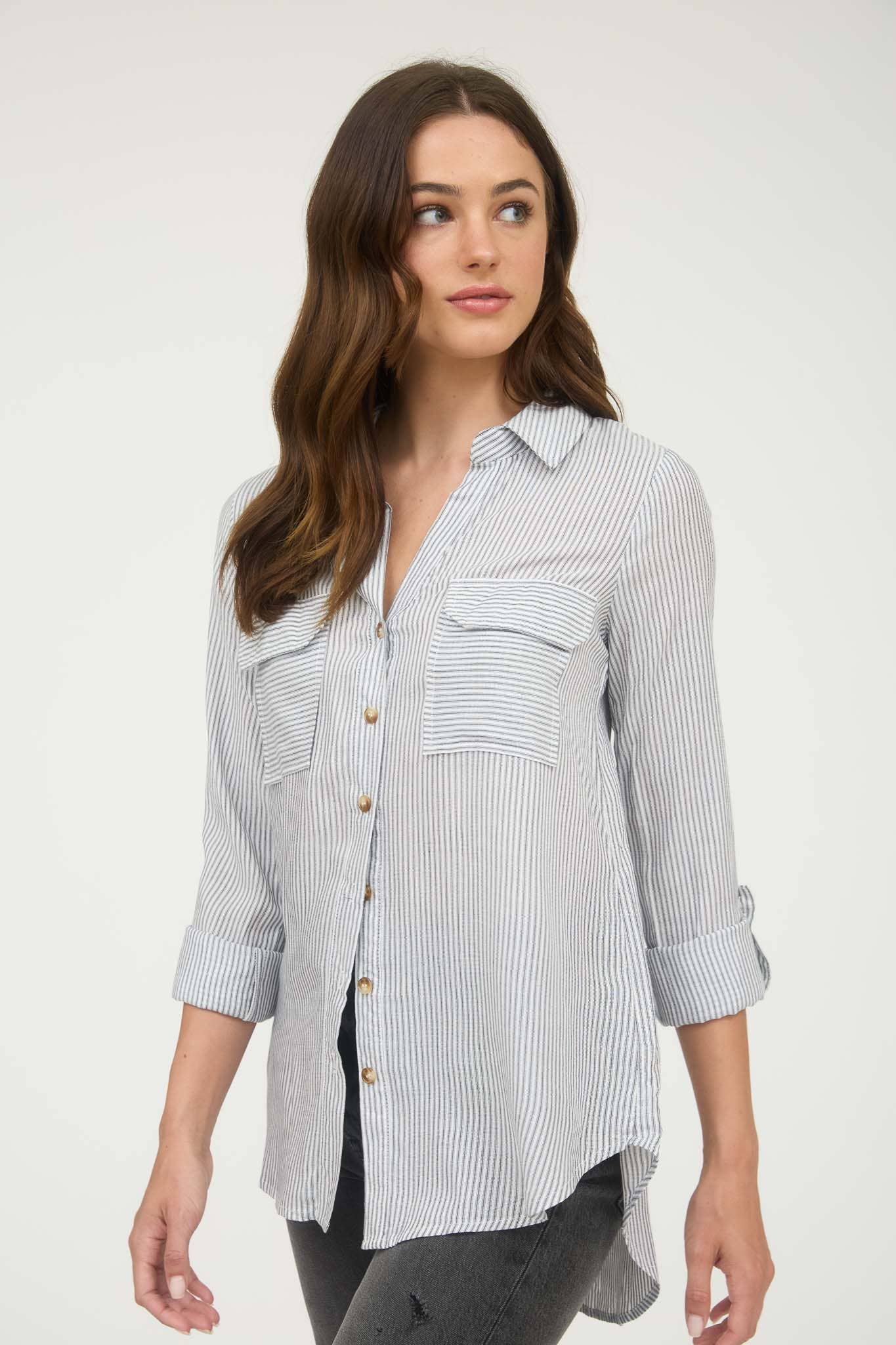 STRIPED COLLARED BUTTON DOWN WITH POCKETS : BLACK