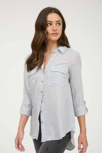 STRIPED COLLARED BUTTON DOWN WITH POCKETS : BLACK