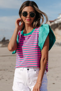 Adrianna Stripe Ruffled Sleeve Crew Neck Blouse