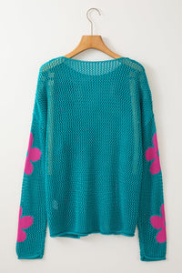 Dulce Big Flower Hollowed Knit Drop Shoulder Sweater