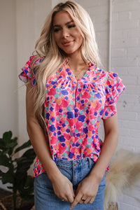 Arlet Abstract Ruffled Sleeve V Neck Blouse
