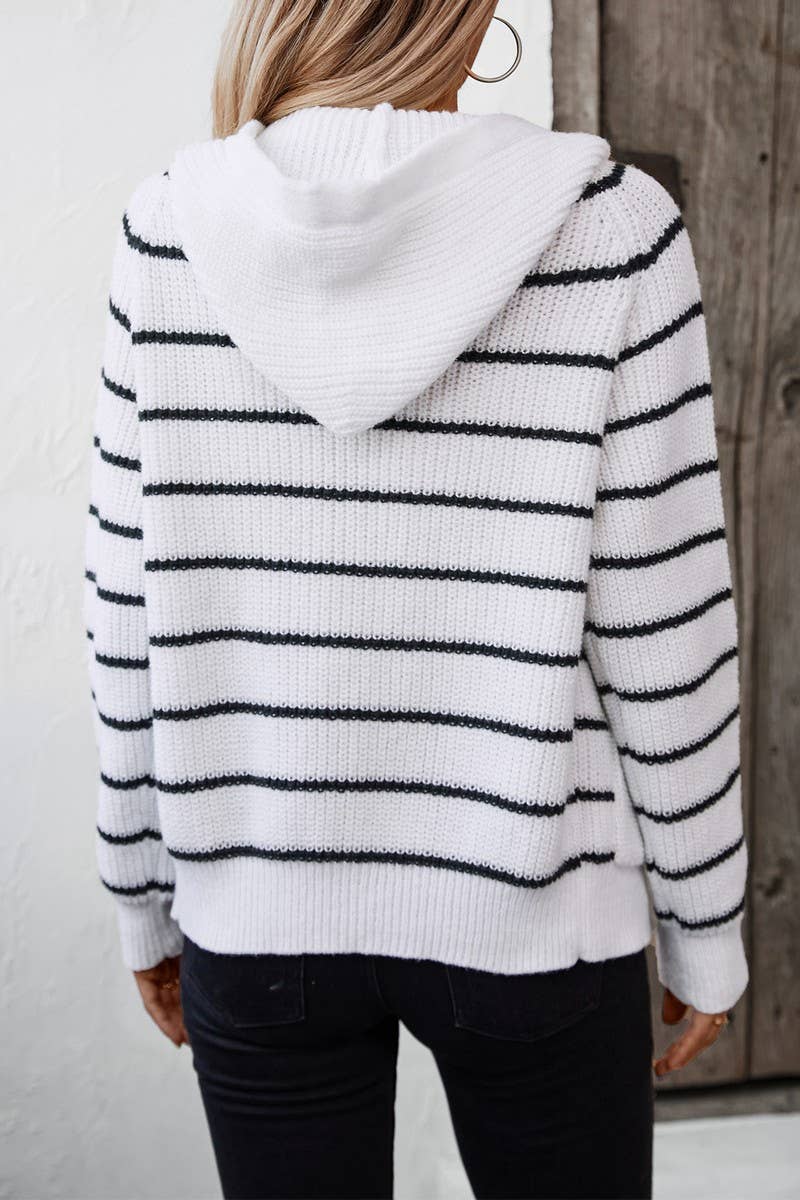 HOODED POCKET STRIPED KNITTED CARDIGAN