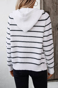 HOODED POCKET STRIPED KNITTED CARDIGAN