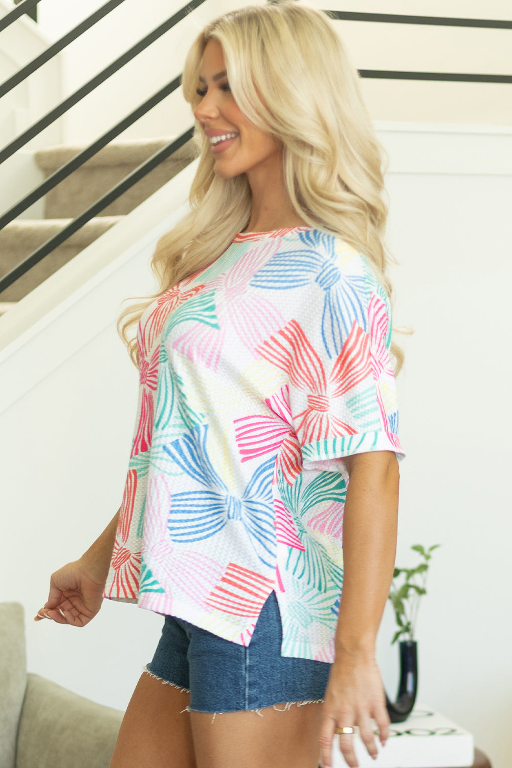 Kaeli Bowknot Waffle Crewneck Loose Short Sleeve Top