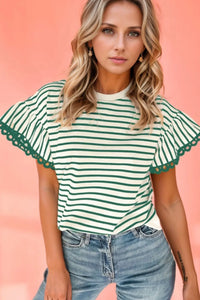 Striped Round Neck Ruffle Sleeve Blouse