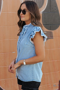 Ashlyn Ruffled Flutter Frayed Denim Top