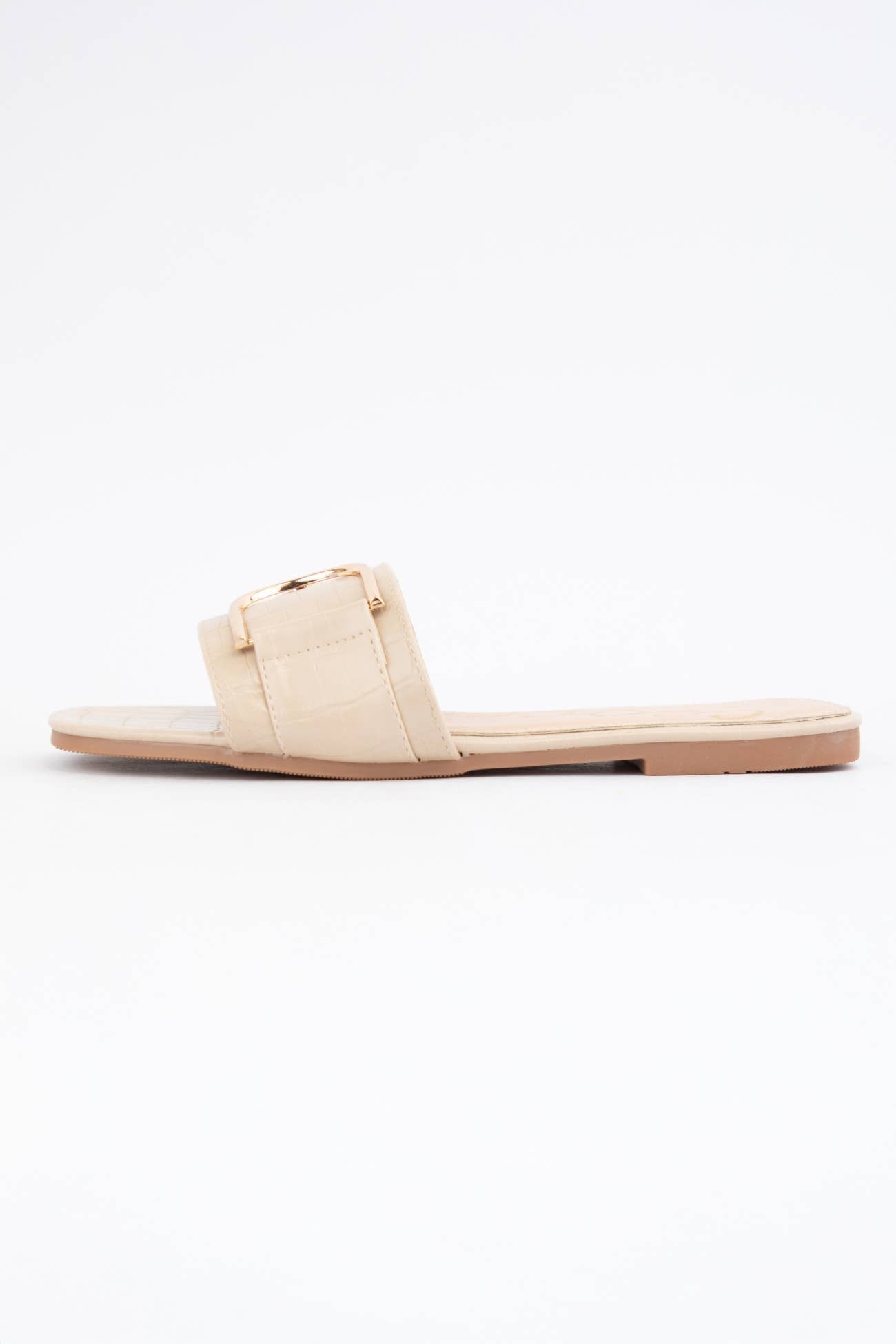 GOLDEN D-RING STRAP SLIP-ON SANDALS: BEIGE