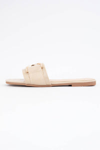 GOLDEN D-RING STRAP SLIP-ON SANDALS: BEIGE