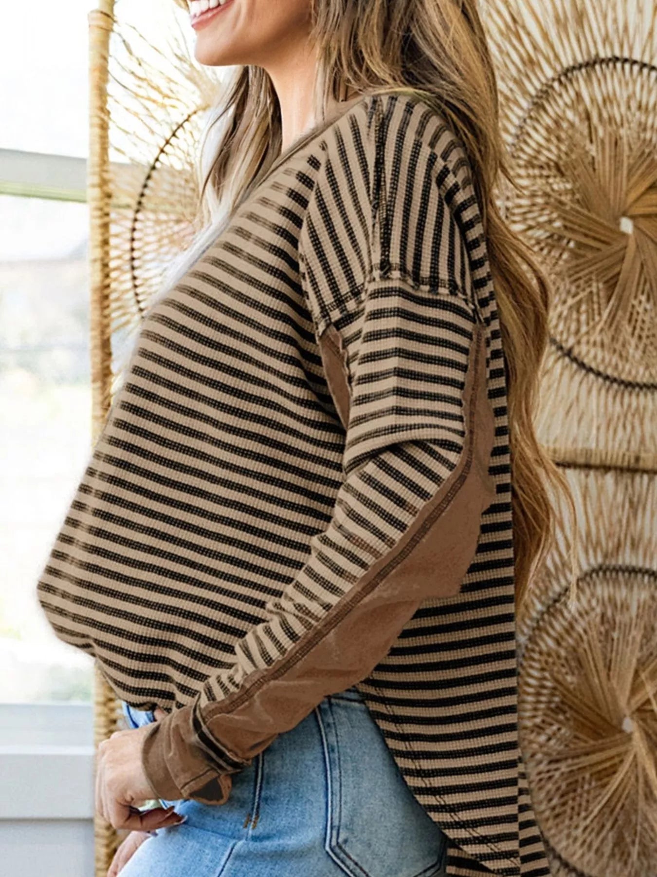 Stripe Thermal Knit Drop Shoulder Casual Top