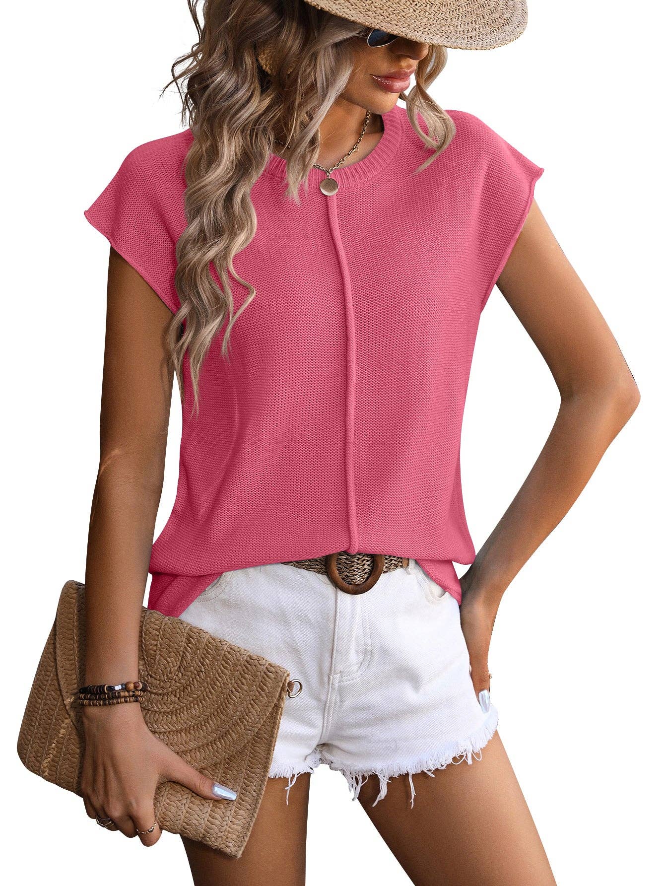 Crewneck Top, Knitted Chunky Needle Casual Sweater: Hot Pink / Acrylic 70% + 30% Nylon