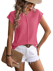 Crewneck Top, Knitted Chunky Needle Casual Sweater: Hot Pink / Acrylic 70% + 30% Nylon