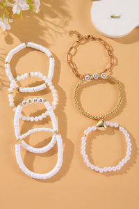 White MAMA Heart Pearl Layer Bracelet