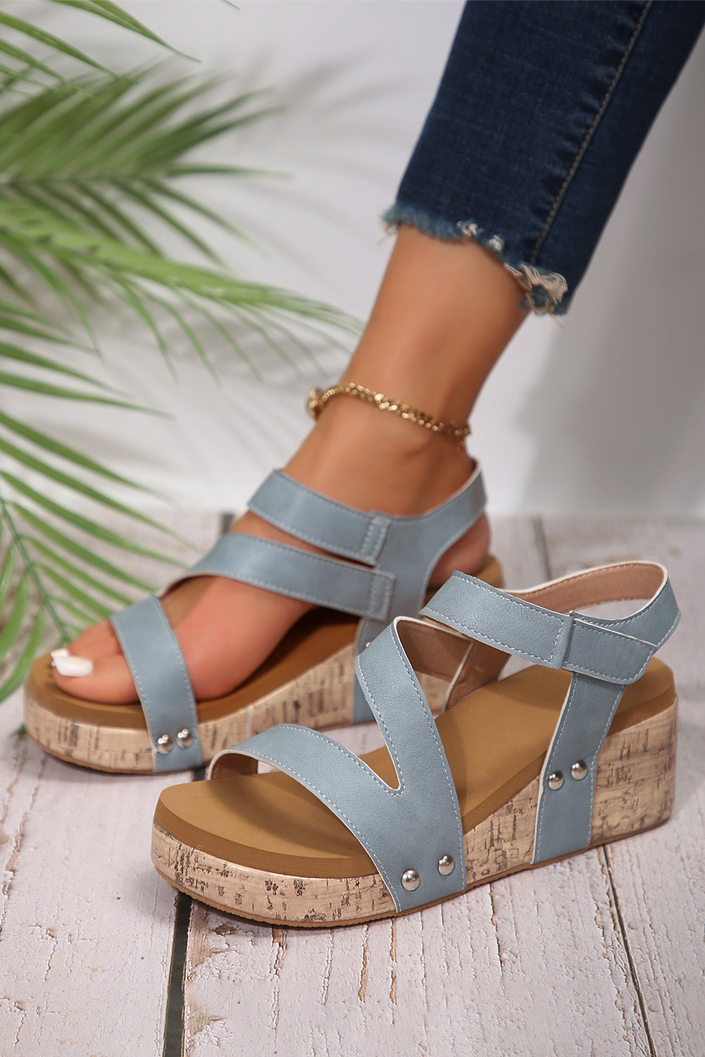 Hollow Out Velcro Leather Wedge Sandals