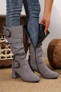 Suede Double Buckled Side Zipped Mid-calf Boots