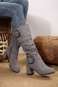 Suede Double Buckled Side Zipped Mid-calf Boots