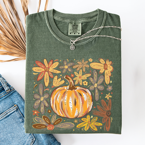 Beautiful Pumpkin Autumn Flowers, Fall, Floral, Watercolor, Comfort Colors T-Shirt