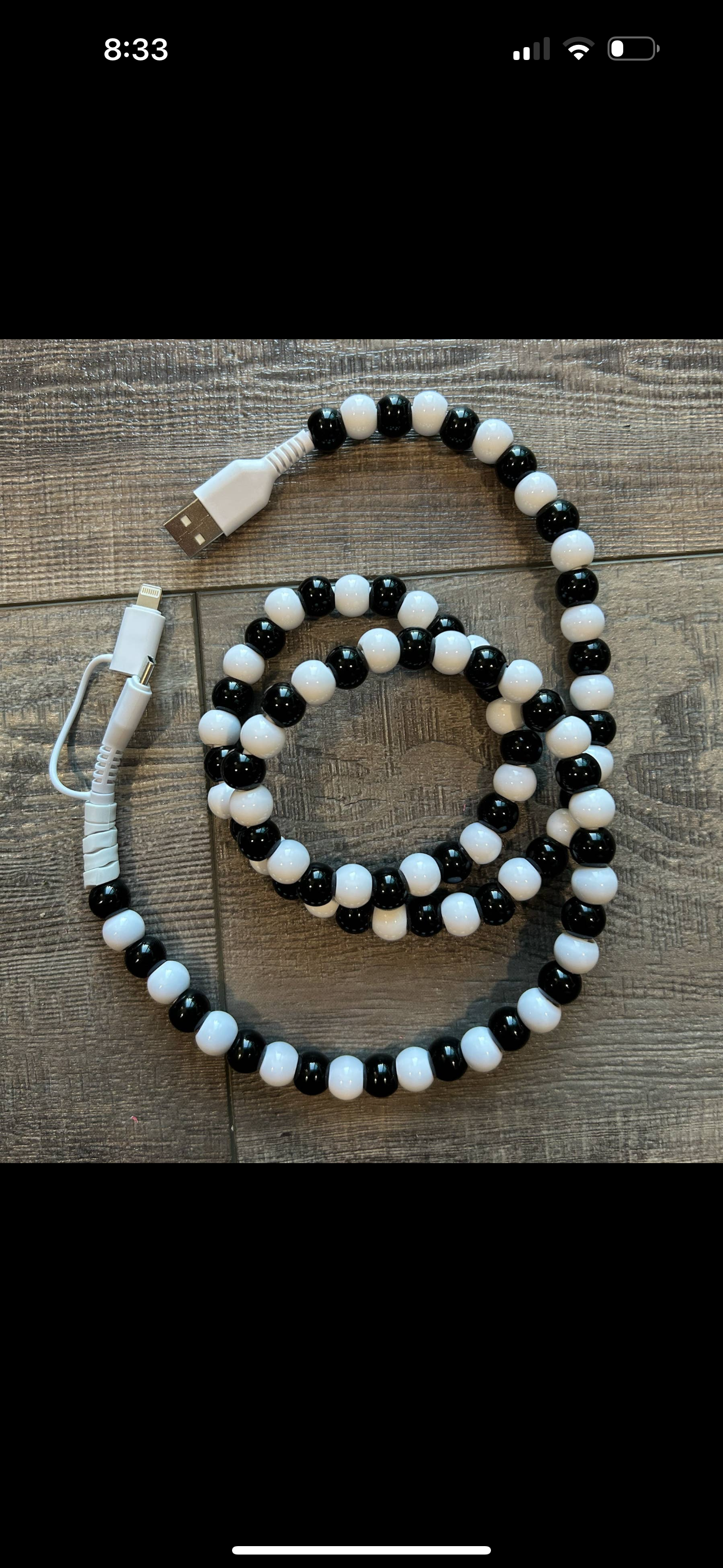 Beaded Phone Charger with Lightning & USB-C Cable: Black & White