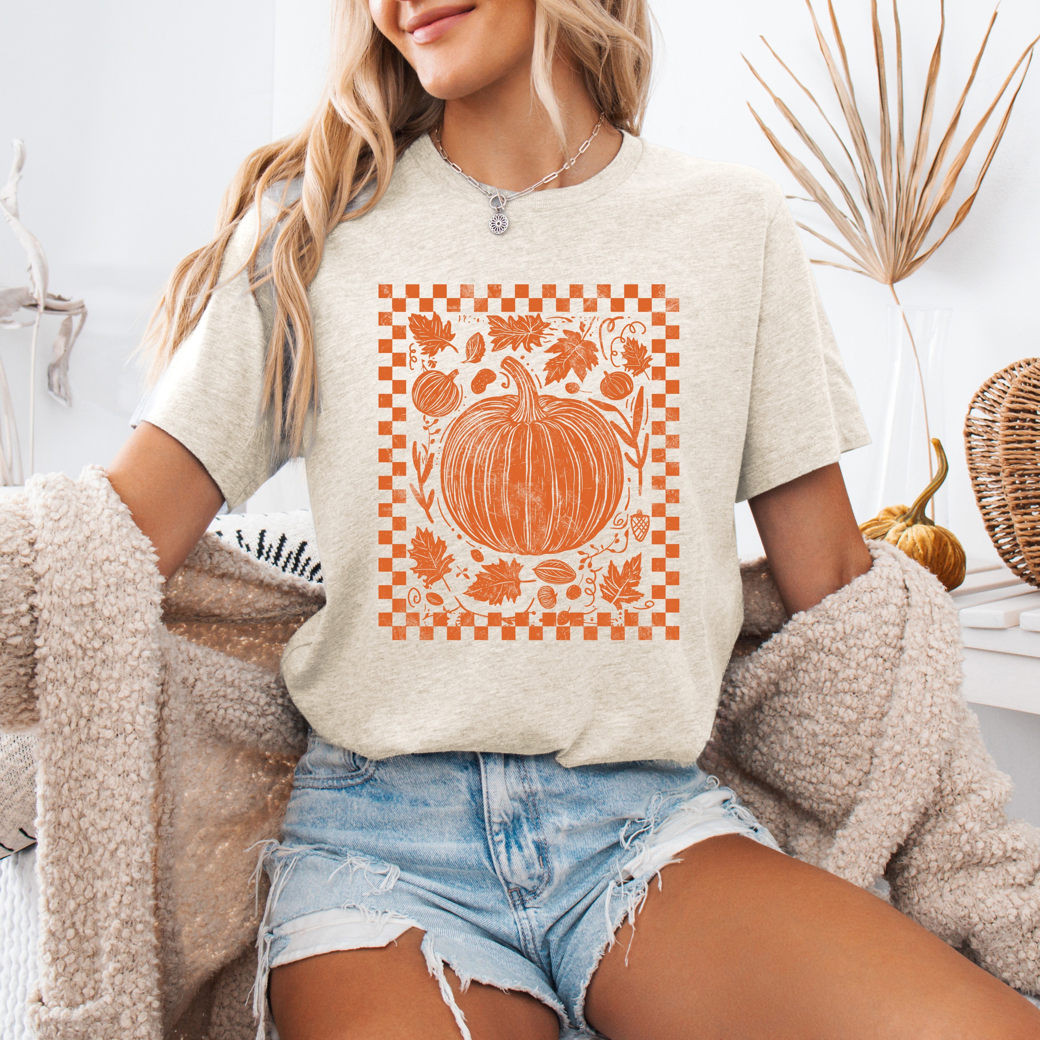 Checkered Pumpkin, Minimalist, Autumn, Fall, Tshirt