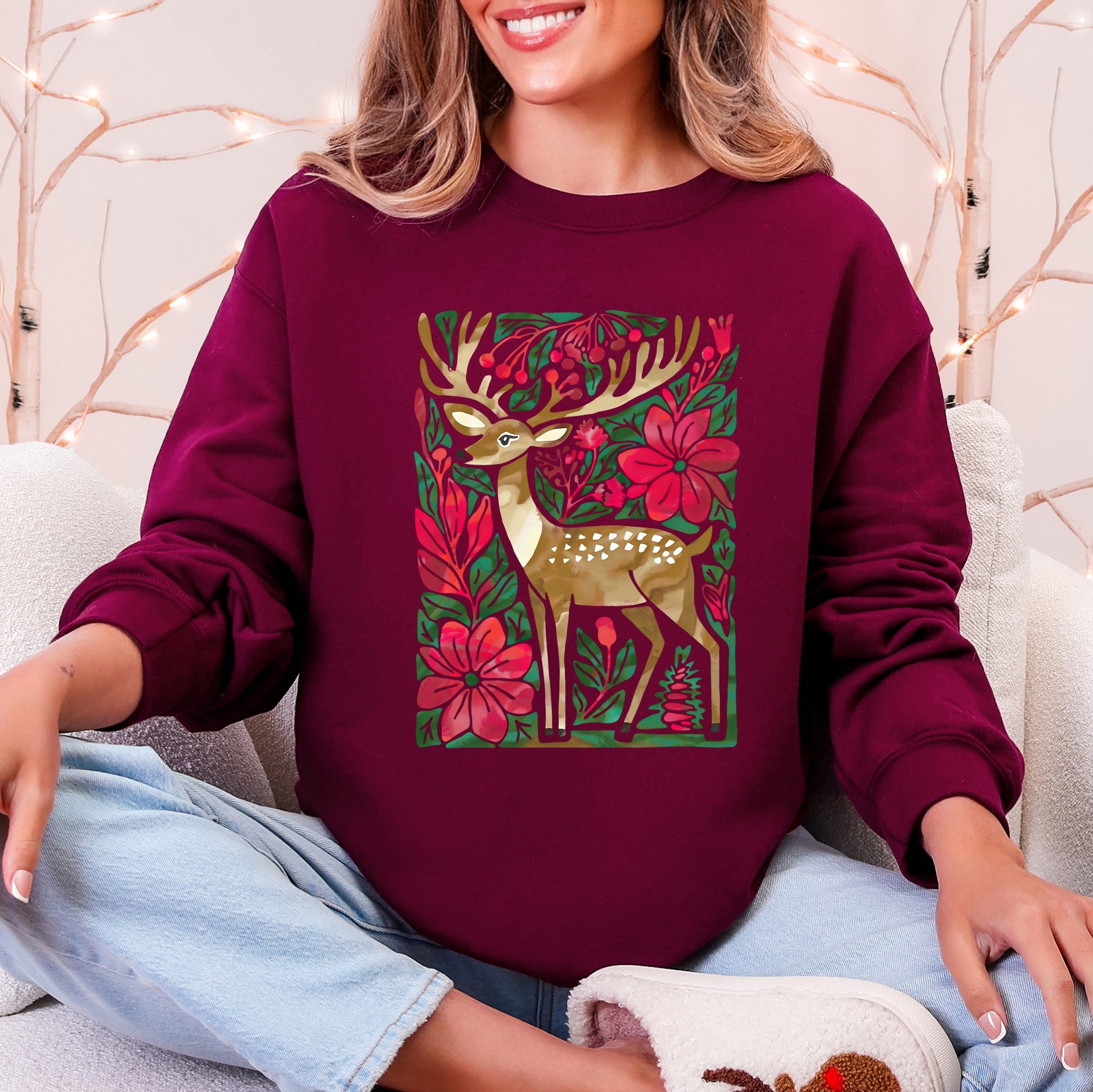 Christmas Deer, Colorful, Flowers, Santa, Snow Sweatshirt