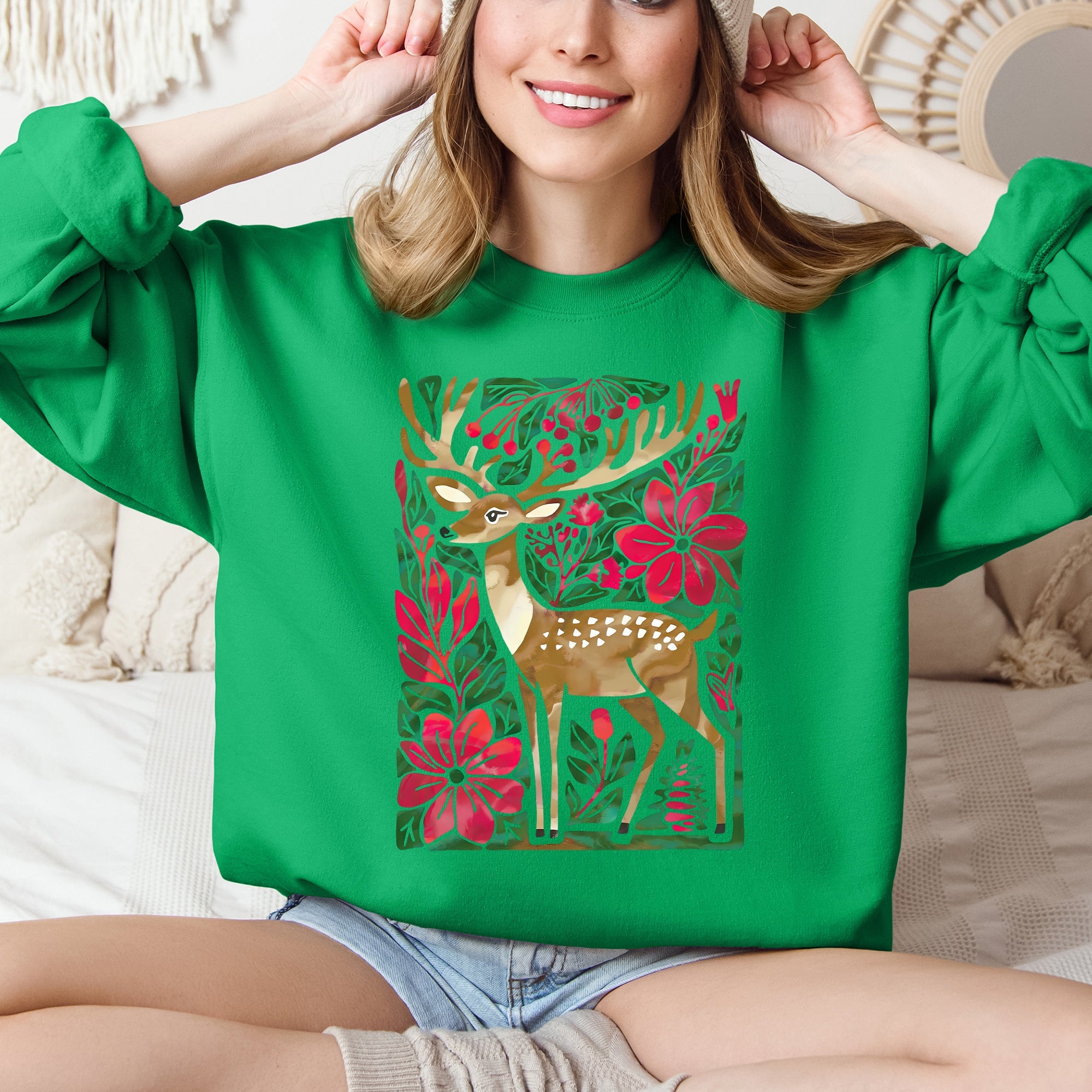Christmas Deer, Colorful, Flowers, Santa, Snow Sweatshirt