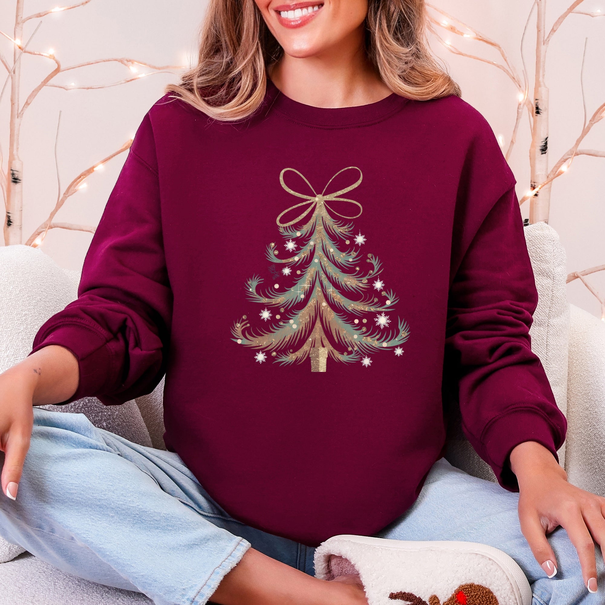 Christmas Tree, Vintage Elegant, Ribbon, Bows, Santa Sweatshirt