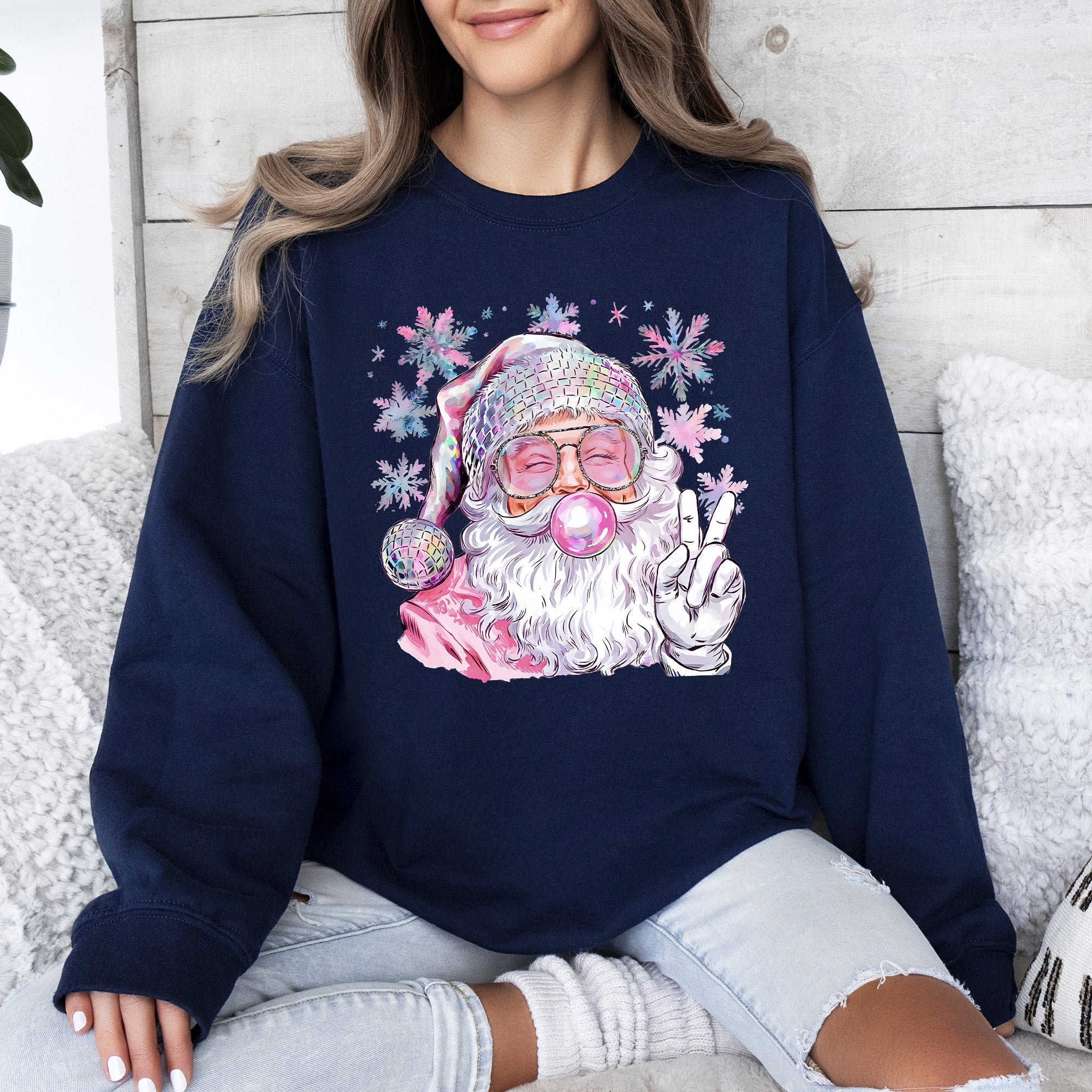 Disco Santa, Bubble Gum, Christmas, Pink, Snowflakes, Cute Sweatshirt