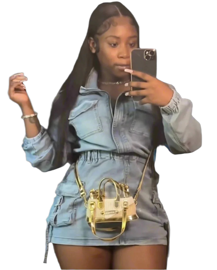 Long Sleeve Denim Romper Skirt