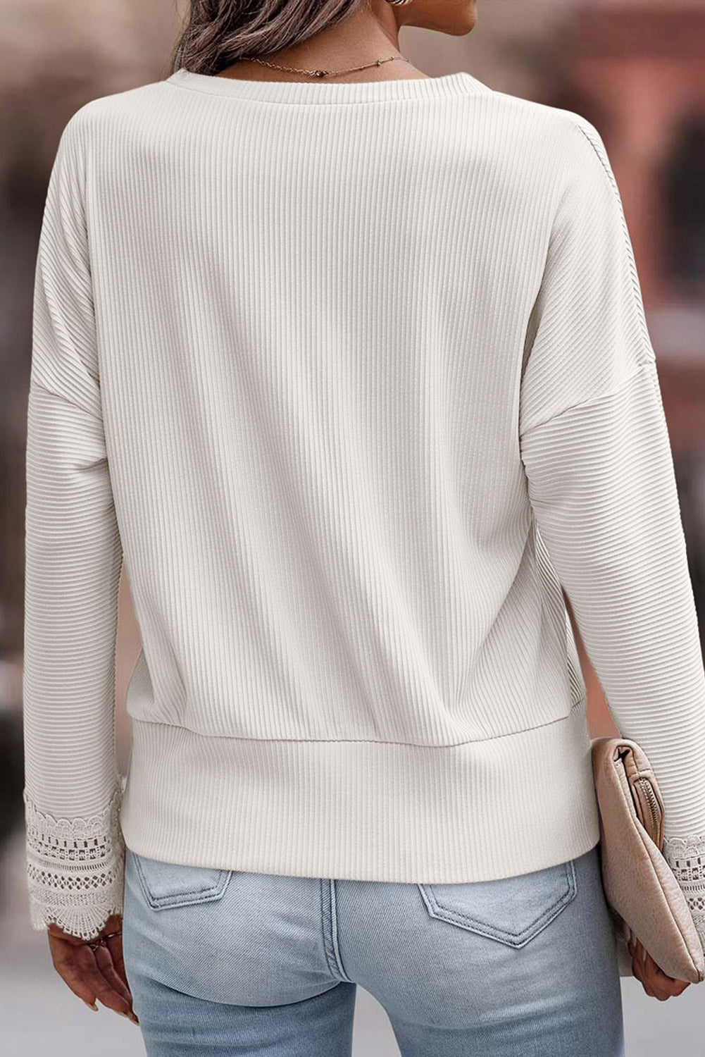 Lola Ribbed Texture Lace Trim V Neck Long Sleeve Top