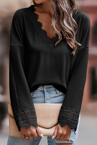 Lola Ribbed Texture Lace Trim V Neck Long Sleeve Top