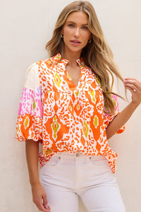 Armani Leopard Puff Sleeve Split Neck Blouse