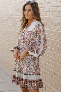 Maeve Lace Splicing Split Neck Paisley Ruffle Mini Dress