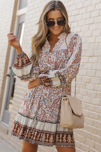Maeve Lace Splicing Split Neck Paisley Ruffle Mini Dress