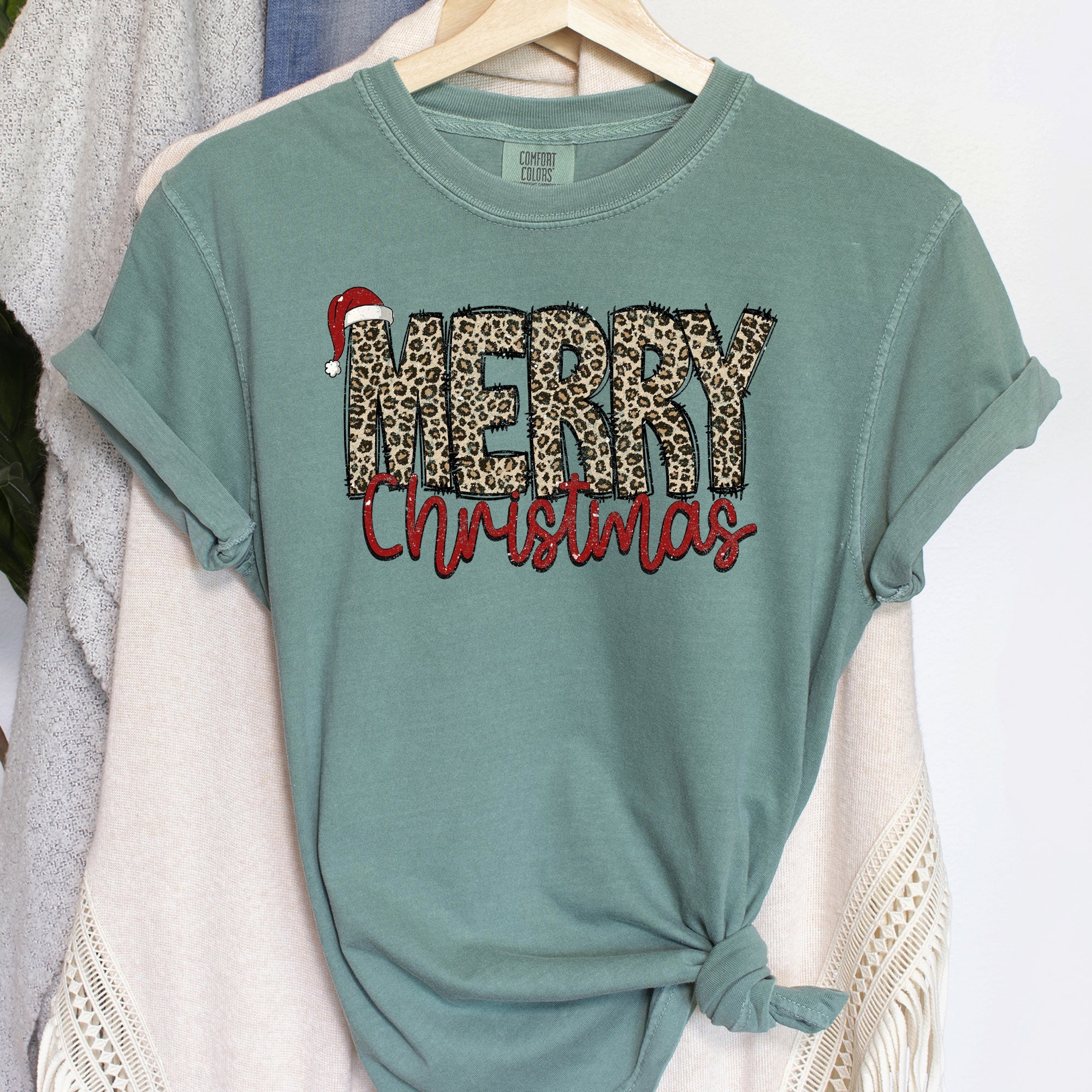 Merry Christmas, Retro, Leopard Print, Comfort Colors Tshirt