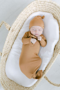 Knotted Baby Gown & Hat Set - Camel Brown (Newborn-3 months)