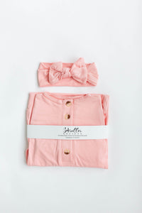 Knotted Baby Gown and Hat Set with Headband - Pink (Newborn-3 months)