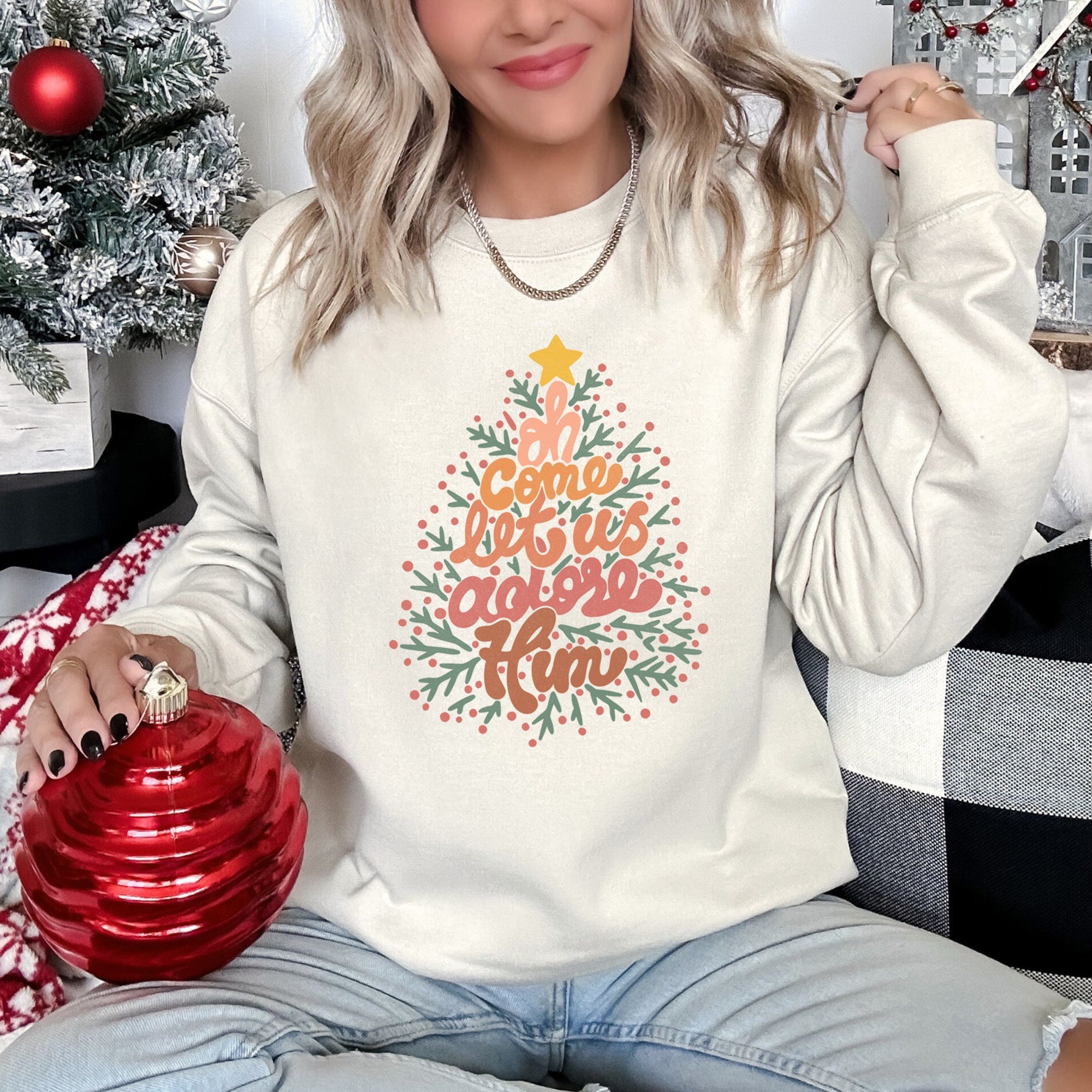 Oh Come Let Us Adore Him, Retro Sign, Christmas Sweatshirt
