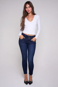 Women's Luxe Mid Rise 3-Button WannaBettaButt Skinny Jeans